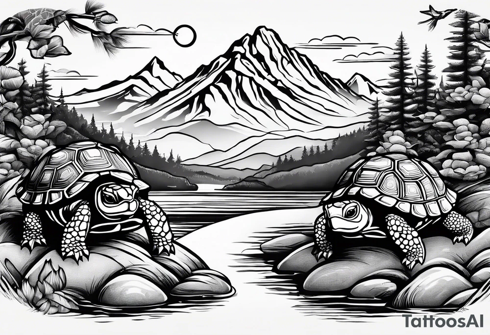 Mountains, Honda three wheeler, four turtles watching from the path tattoo idea
