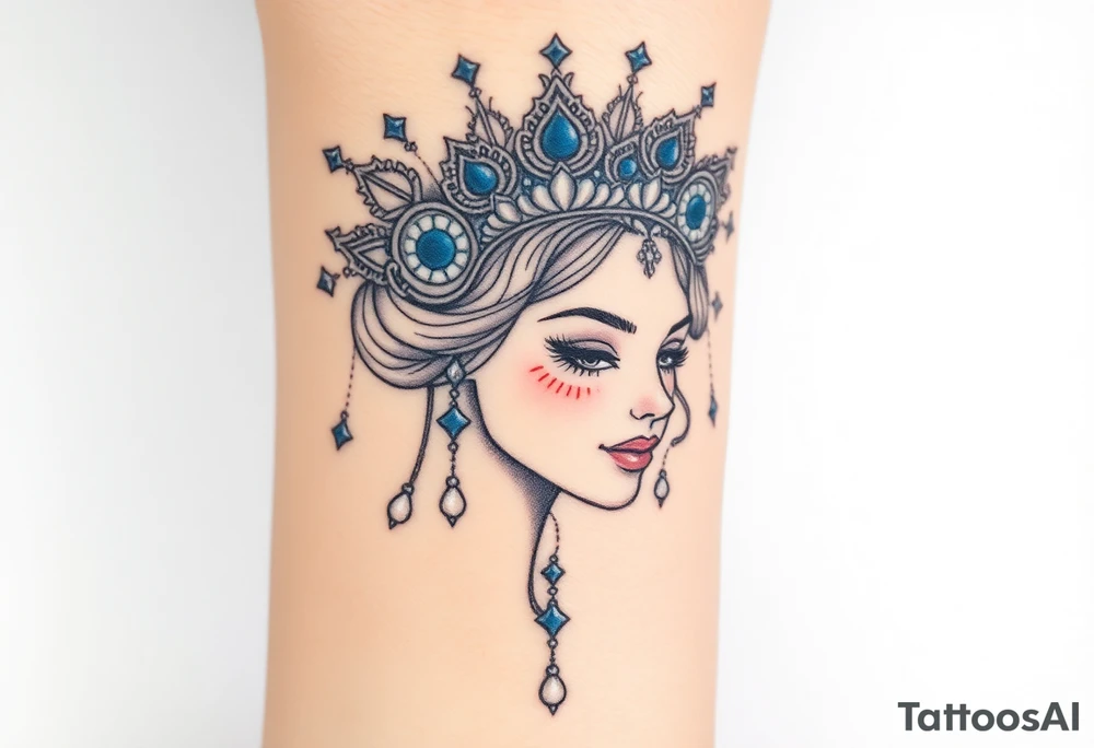 A regal Virgo queen with an intricate celestial headdress, adorned with silver moons, deep blue stars, and delicate pearls tattoo idea