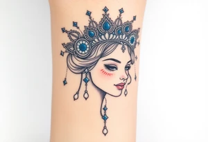 A regal Virgo queen with an intricate celestial headdress, adorned with silver moons, deep blue stars, and delicate pearls tattoo idea