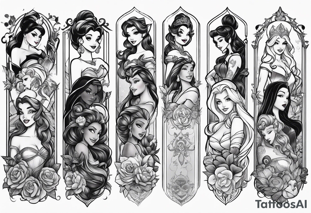 Disney princesses and Disney villains mixed together on an arm sleeve tattoo idea