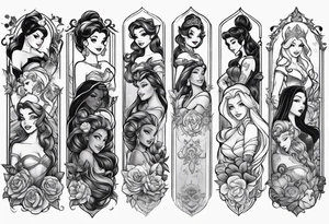 Disney princesses and Disney villains mixed together on an arm sleeve tattoo idea