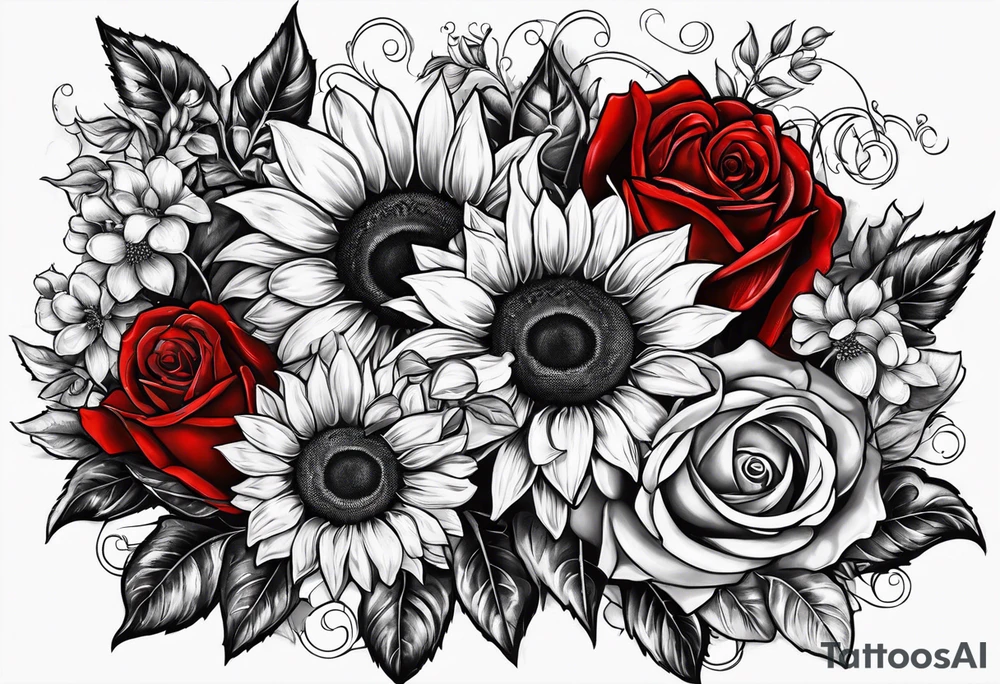 Sunflower and roses with the name Arianna in red scrip letters and “you are my sunshine” tattoo idea