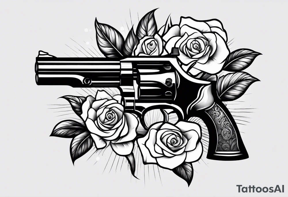 A black tattoo with a rose growing out of a gun bullet tattoo idea