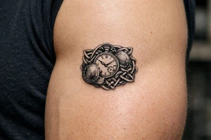 Cluster of open and closed pocket watches entwined with Celtic knotwork, realism style. tattoo idea