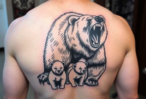 A grizzly bear fiercely growling, looming over 4 cubs 3 girls and a boy. tattoo idea