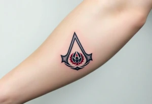 Assassins Creed emblem with Ezio character and blood splashes incorporated into logo. tattoo idea