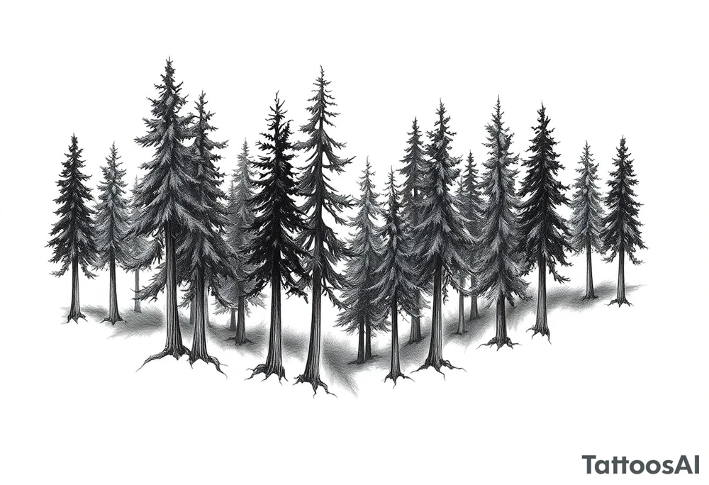 Needle forest with black and gray trees tattoo idea