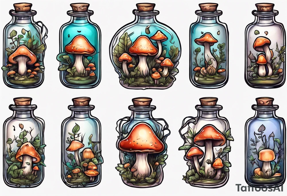 potion bottle with. mushrooms inside tattoo idea