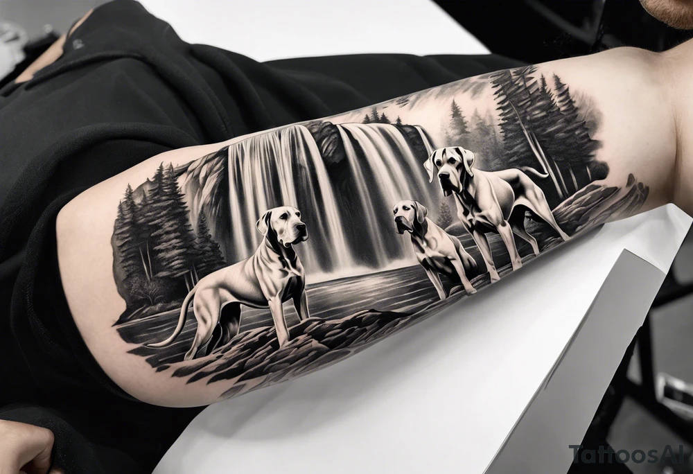 Arm sleeve- with four Great Danes in front of waterfall tattoo idea