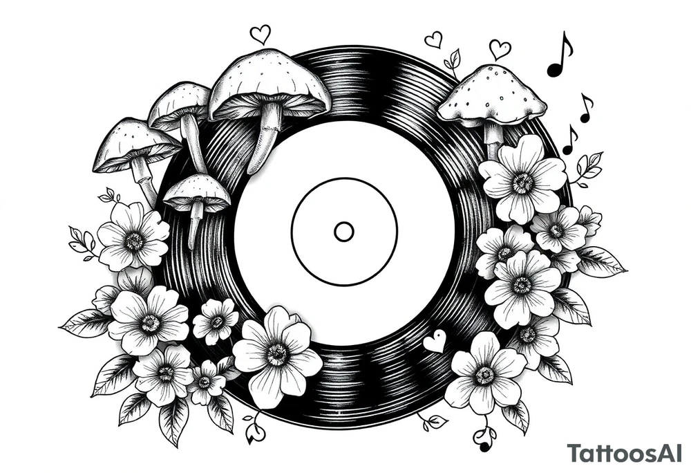 vinyl record with mushrooms, flowers, hearts, and music notes tattoo idea