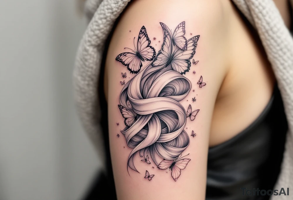 Barborka wrapped in a flowing ribbon, with soft pastel butterflies fluttering around. tattoo idea