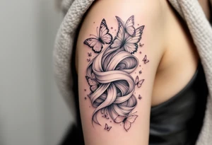 Barborka wrapped in a flowing ribbon, with soft pastel butterflies fluttering around. tattoo idea