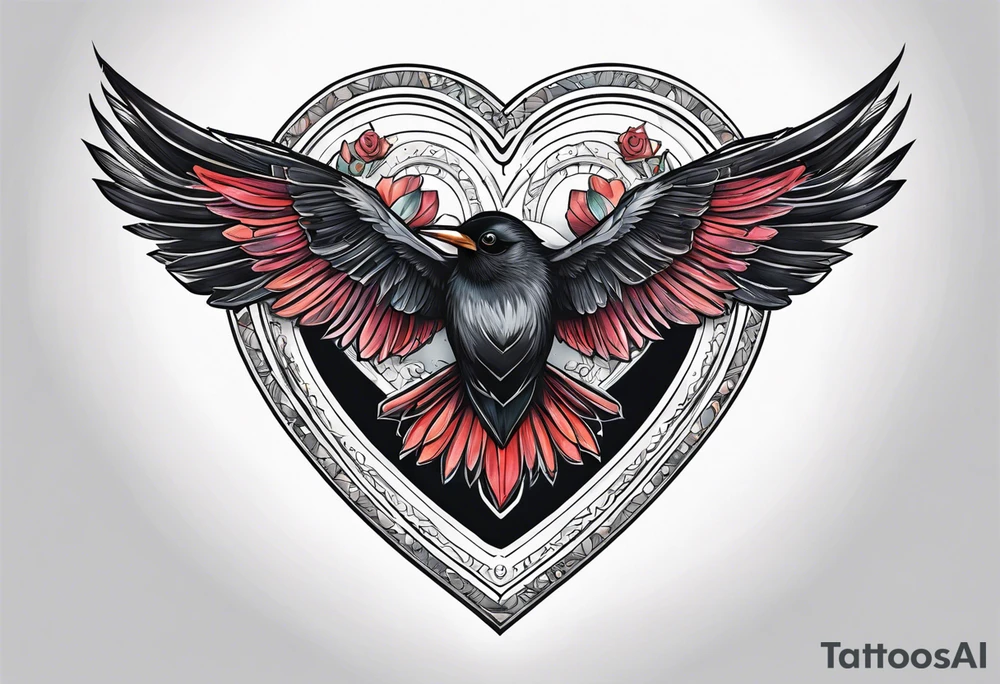 heart locket with black bird flying away with key tattoo idea