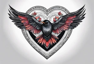 heart locket with black bird flying away with key tattoo idea