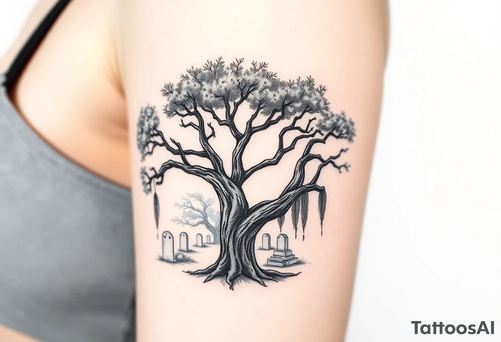 Oak trees with Spanish moss in a cemetery tattoo idea
