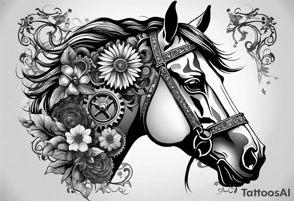 A horse head made fully out of gears. The horse's main is made out of flowers tattoo idea