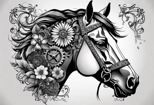 A horse head made fully out of gears. The horse's main is made out of flowers tattoo idea