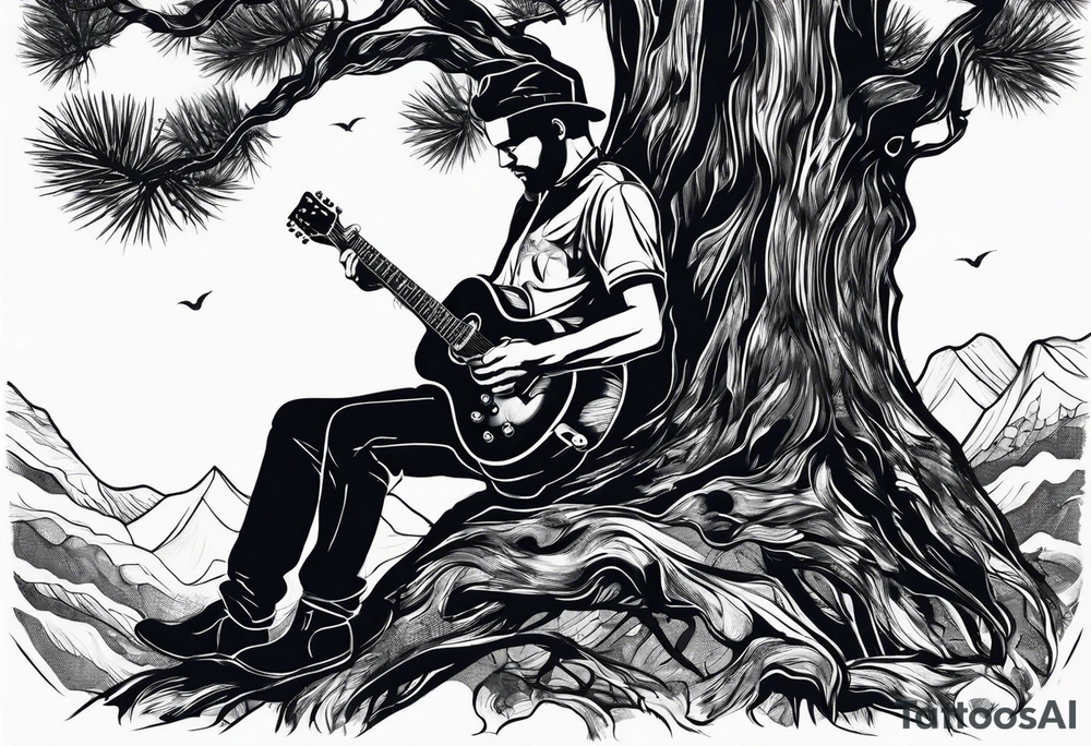 silhouette of a man sitting in a pine tree playing electric guitar tattoo idea