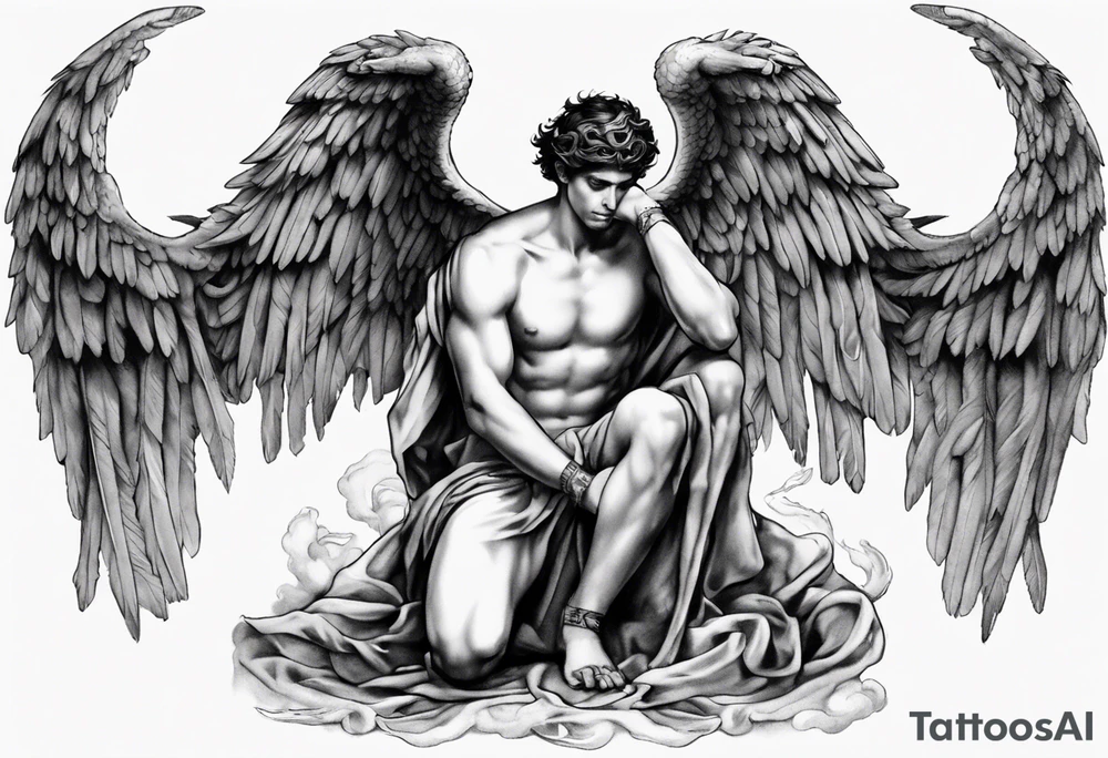 God hermes kneeling with wings wrapped around him tattoo idea
