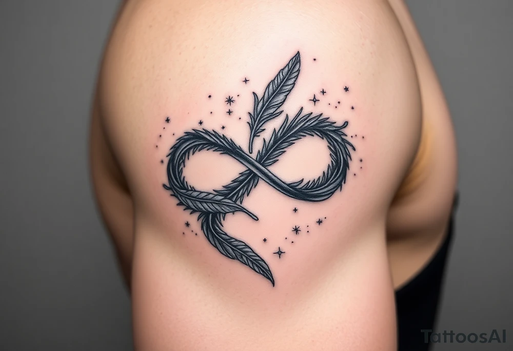 infinity symbol woven with floating feathers and stardust tattoo idea