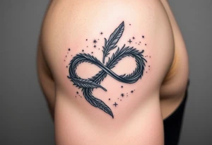 infinity symbol woven with floating feathers and stardust tattoo idea