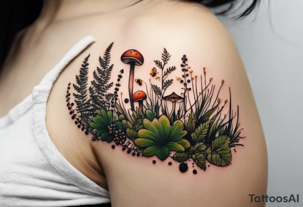 minimalistic forest floor inspired tattoo, which includes grass, moss, curly ferns and dead leaves as the bulk of the tattoo. details to include: forest berries, couple of very small brown mushrooms, a tiny bumblebee flying nearby tattoo idea