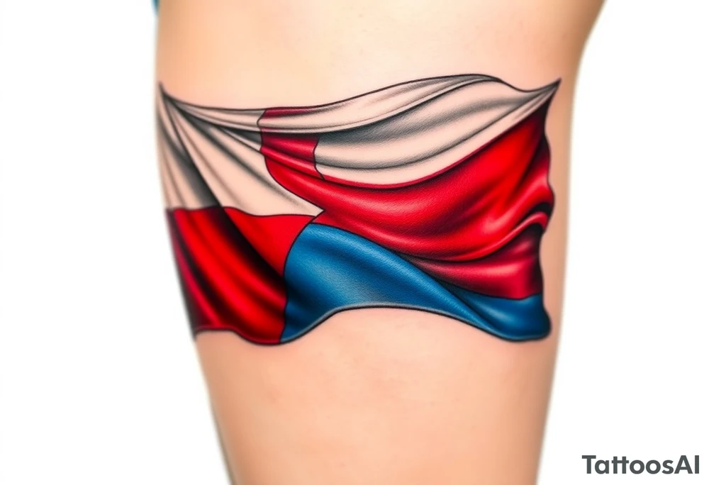 A waving Czech flag with realistic fabric texture, its red, white, and blue colors appearing vibrant and dynamic tattoo idea