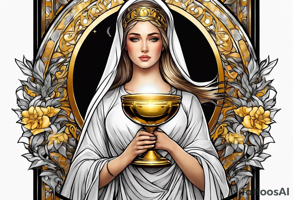 woman saint holding chalice surrounded by golden halo sideways tattoo idea