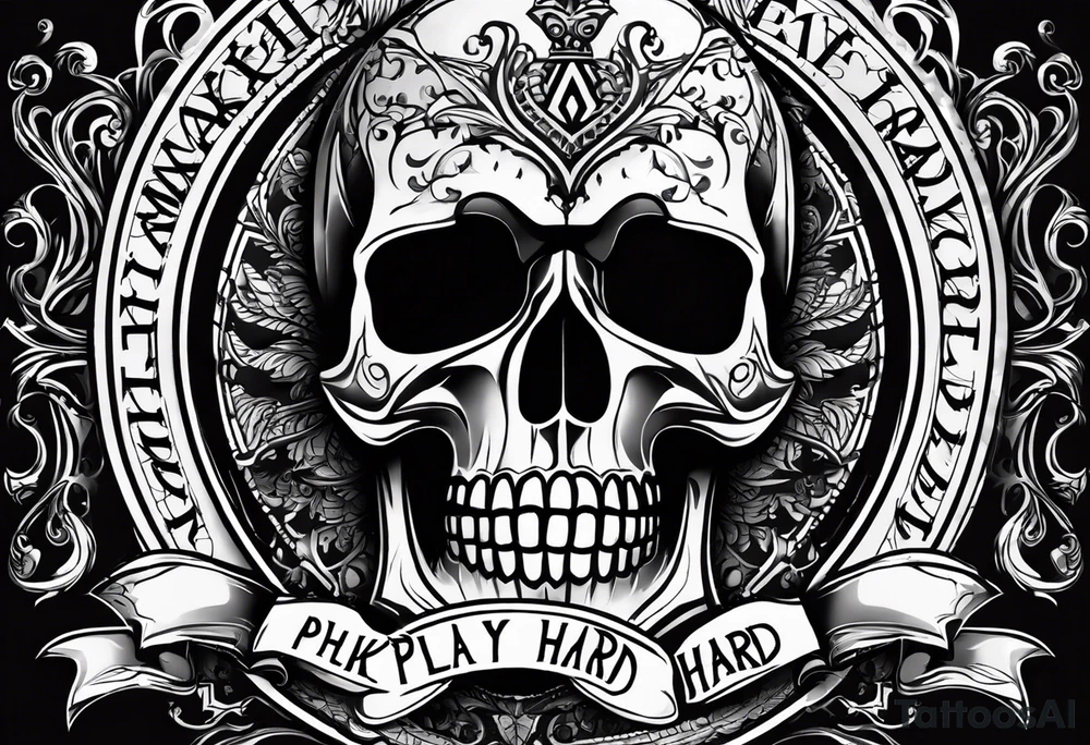 I want a tattoo with a skull design with the letters "work hard" at the top and the letters "play hard" at the bottom, in black only. tattoo idea