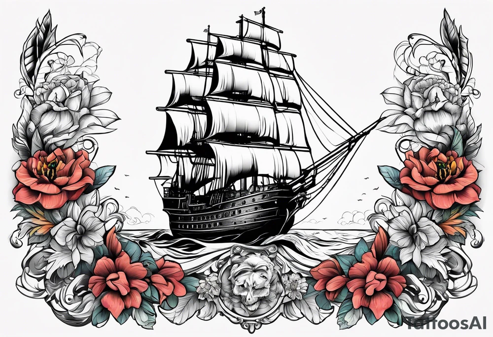 Ship pirate, flower, animal tattoo idea