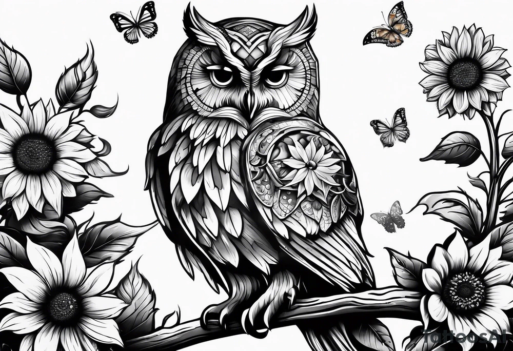 Owl with butterfly and sunflower tattoo idea