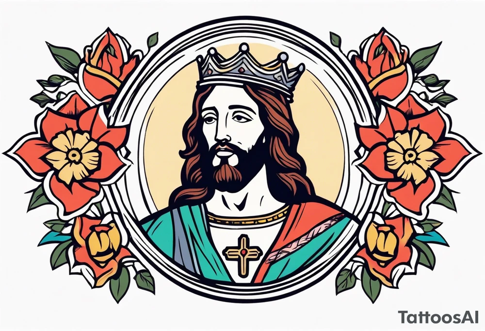 jesus with crown

old school vintage simple traditional design with vintage flowers surrounding
bold color simple tattoo idea