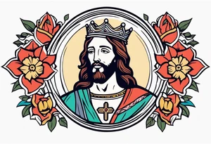 jesus with crown

old school vintage simple traditional design with vintage flowers surrounding
bold color simple tattoo idea