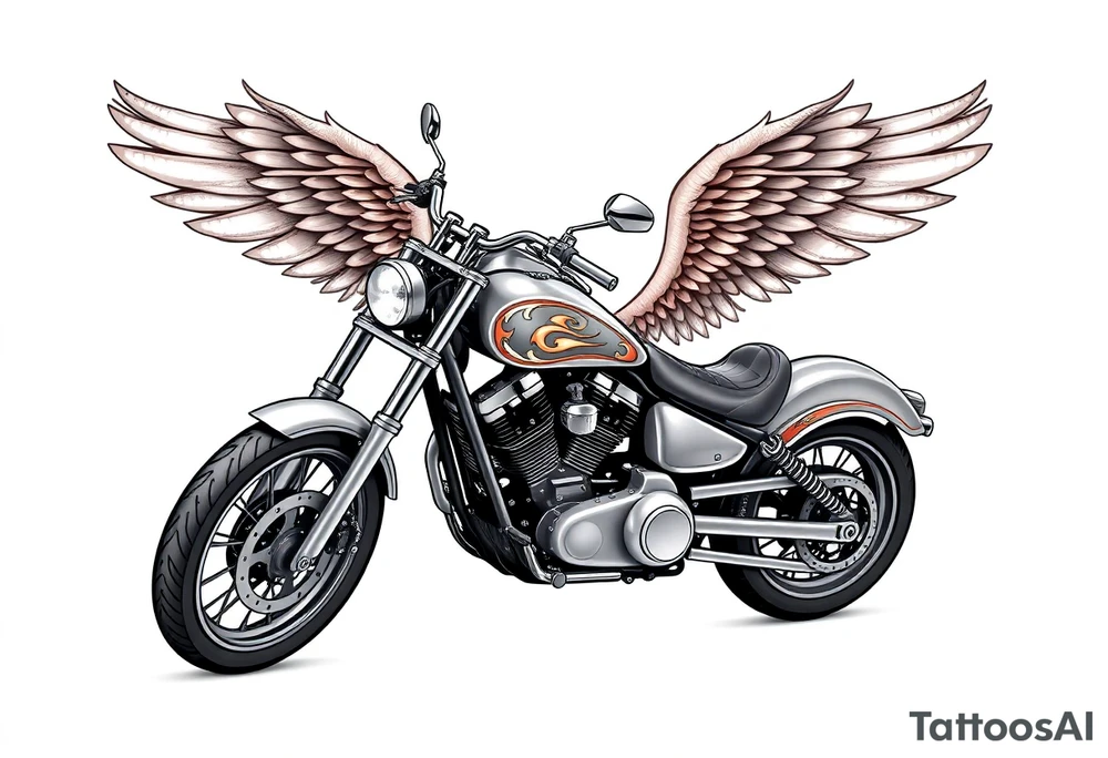 Low rider grey motorcycle, flames, angel wings tattoo idea