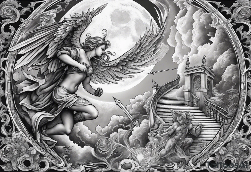 angel fighting a demon w a staircase going up to a moon in the background tattoo idea