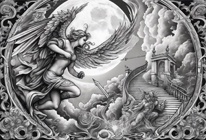 angel fighting a demon w a staircase going up to a moon in the background tattoo idea