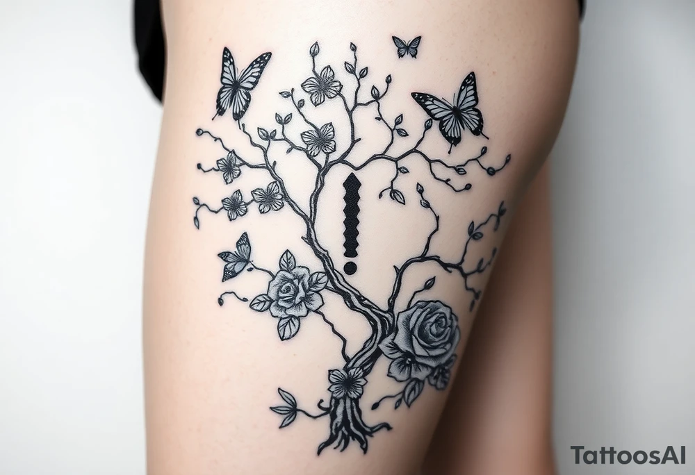 poisoned tree with butterflies and roses and a big semicolon in the middle black girl tattoo idea