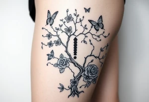 poisoned tree with butterflies and roses and a big semicolon in the middle black girl tattoo idea