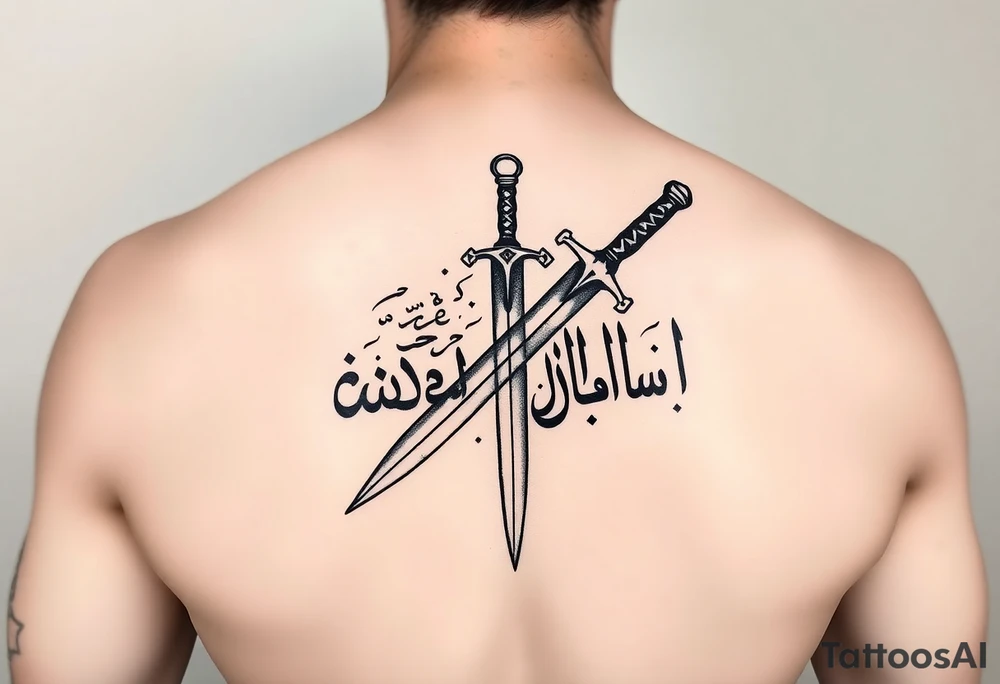 Arabian gothic style tattoo with a sword and looks middle eastern with Arabic writing tattoo idea