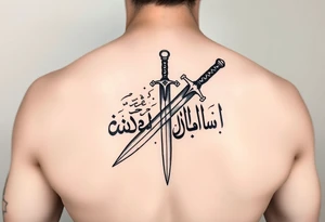 Arabian gothic style tattoo with a sword and looks middle eastern with Arabic writing tattoo idea