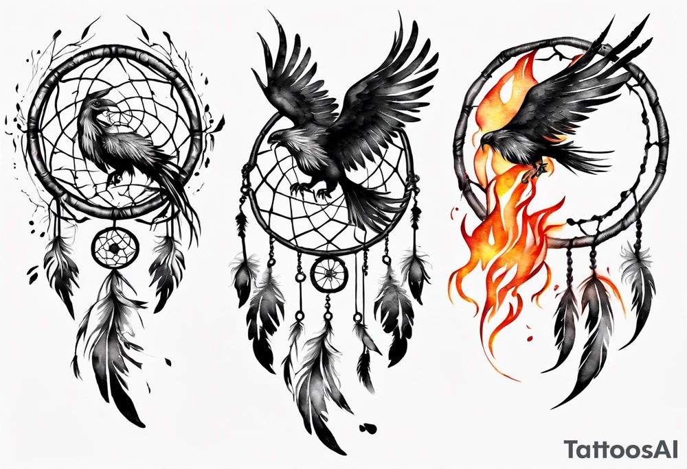 Fire Phoenix flying out of dream catcher tattoo idea