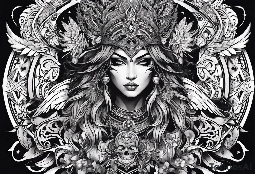black kali, goddess pirate, alien, pachamama, valkrye, warrior, skull, lotus azul, wing, eagle, zenza resonance, stars, one side chest tattoo idea