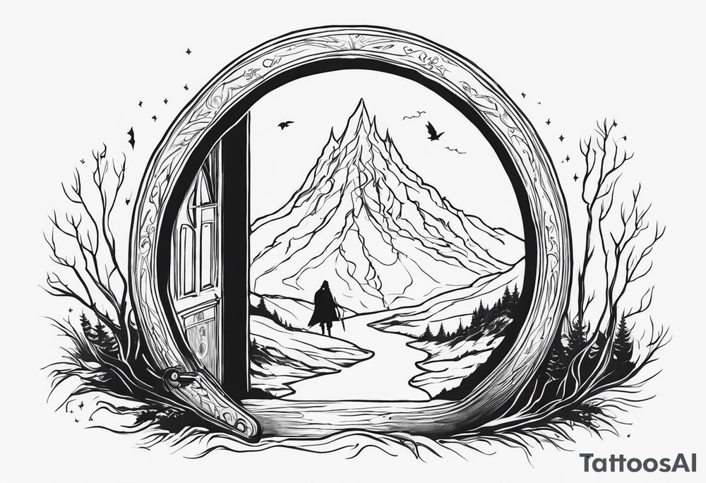 Lord of the rings and Harry Potter movie mashup. Small and simple. Hobbit door hole, wands, elvish writing, deathly hallows tattoo idea