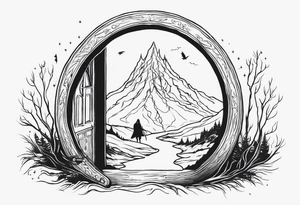 Lord of the rings and Harry Potter movie mashup. Small and simple. Hobbit door hole, wands, elvish writing, deathly hallows tattoo idea