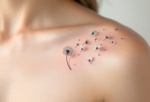 Windblown dandelion with translucent petals in pearl gray, blowing across the ribs into soft abstract shapes tattoo idea