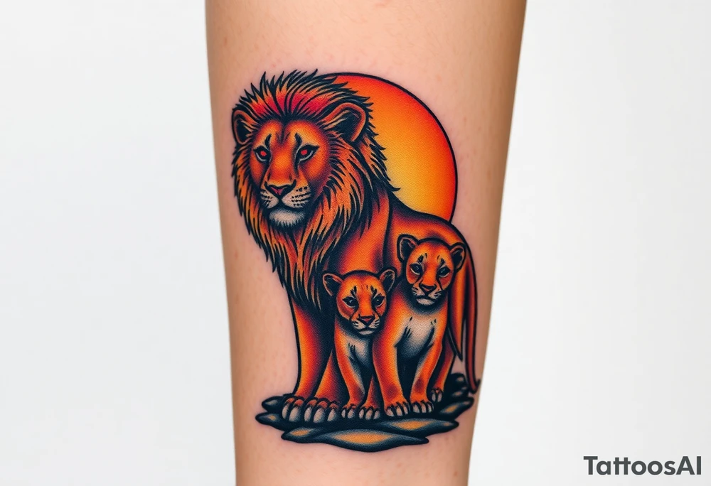 lion family, lioness and two cubs at sunset in the savannah tattoo idea