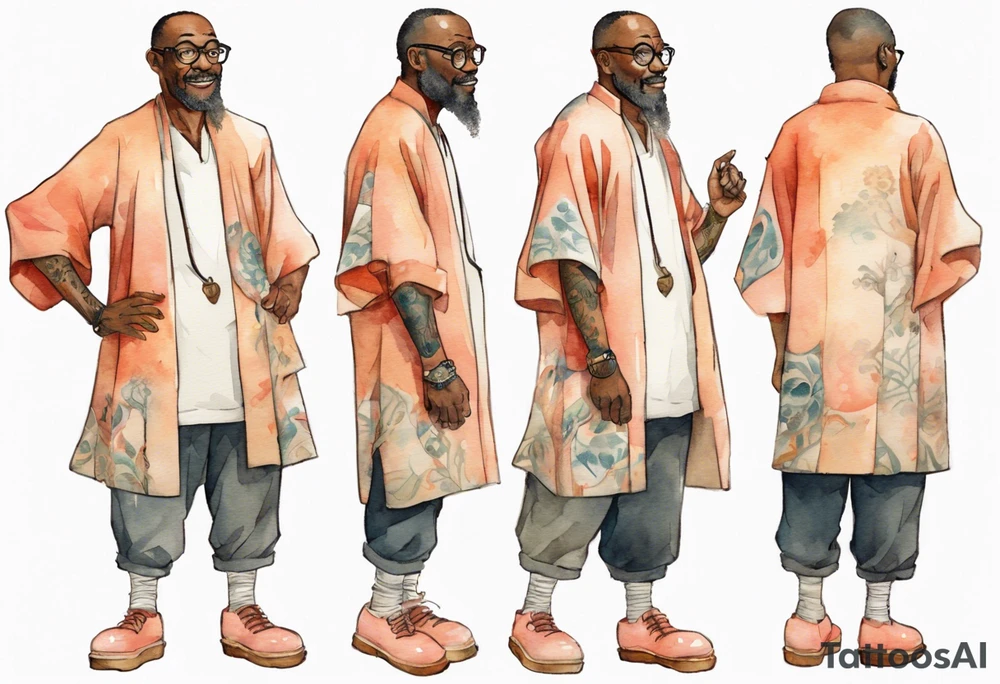 a middle-aged medieval black man wearing round glasses, wearing tunic, wearing salmon boots tattoo idea