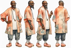 a middle-aged medieval black man wearing round glasses, wearing tunic, wearing salmon boots tattoo idea