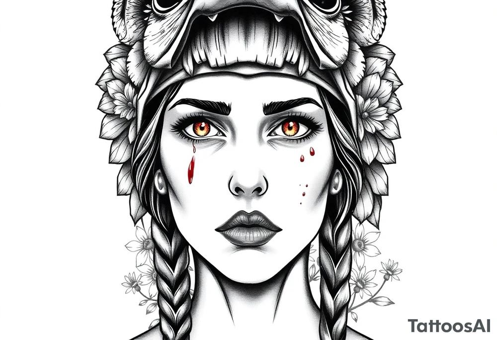 Young Symmetrical Beautiful Woman, looking forward, with colored eyes, shedding a tear, with battle scars and blood on face, with soft look, wearing a mean looking bear headdress on head, with dead flower background tattoo idea