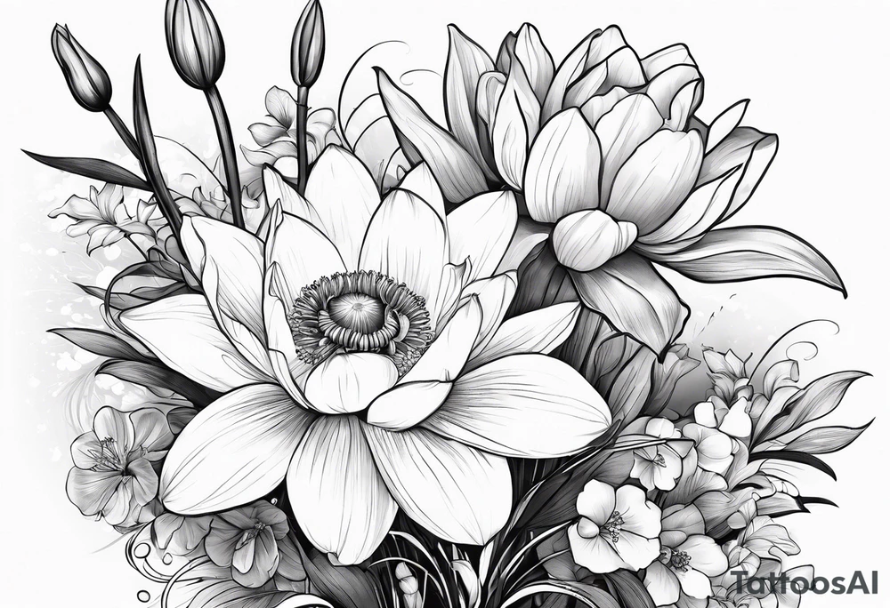 A bouquet of flowers with a water lily, gladiolus, poppy, lily of the valley, daffodil, and a honey suckle with long stems tattoo idea